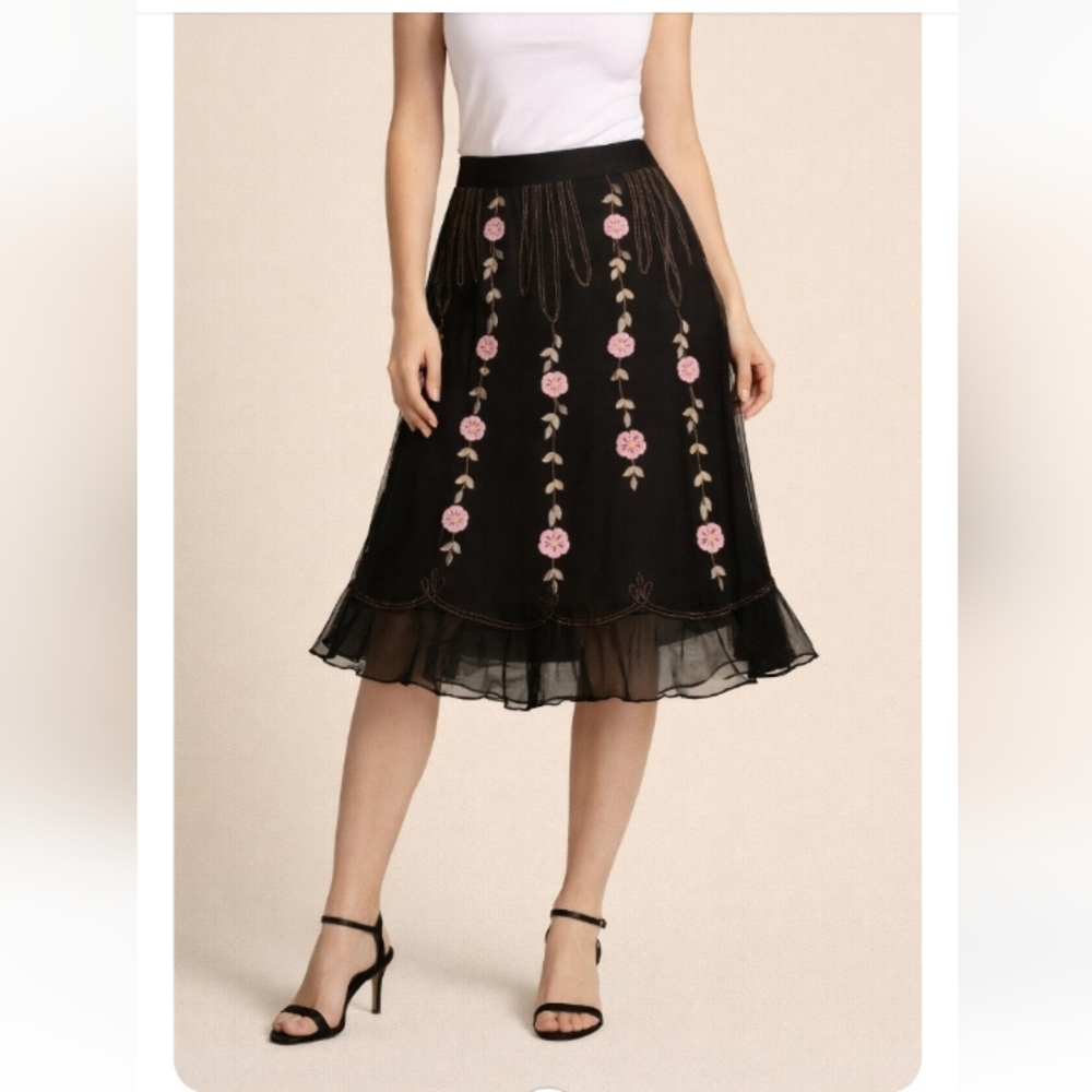 Intuitions Black Sheer Floral Embroidered Skirt Size 12 NWT Pink Flowers Vintage